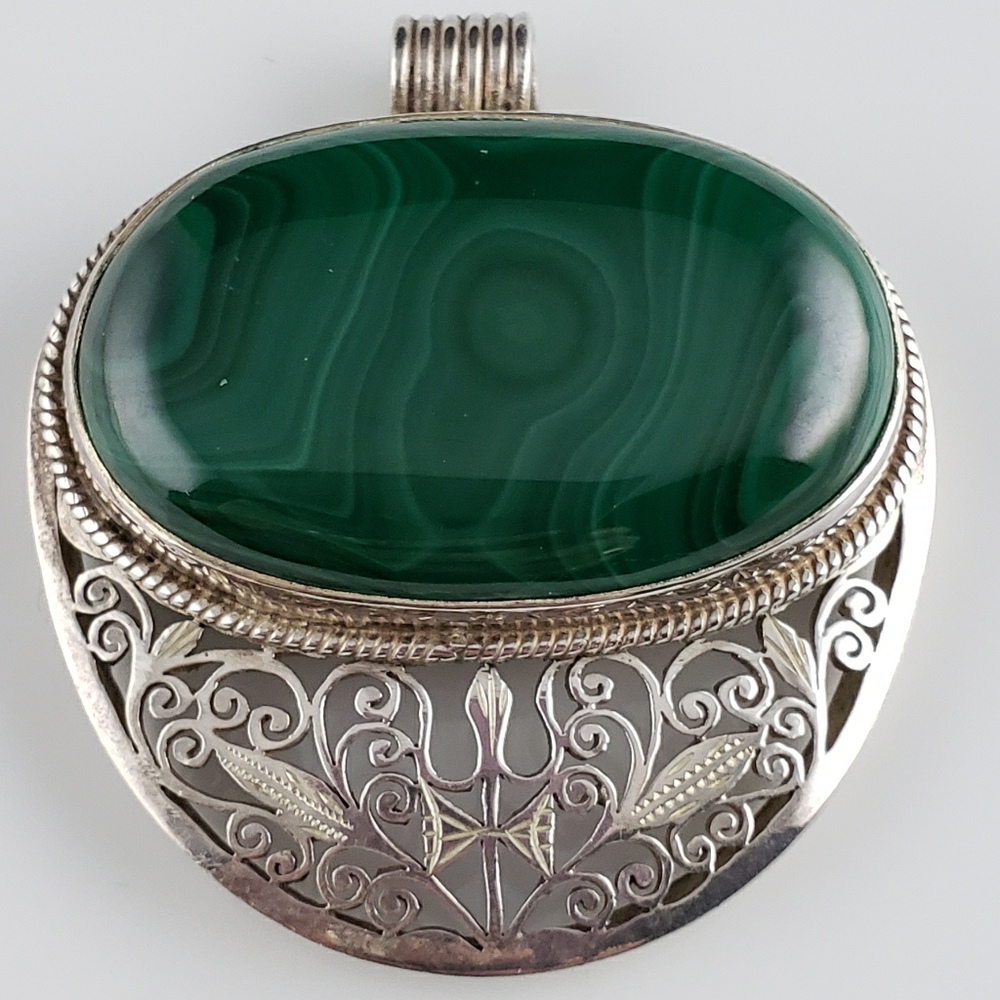 Vintage Malachite Filigree Sterling Pendant